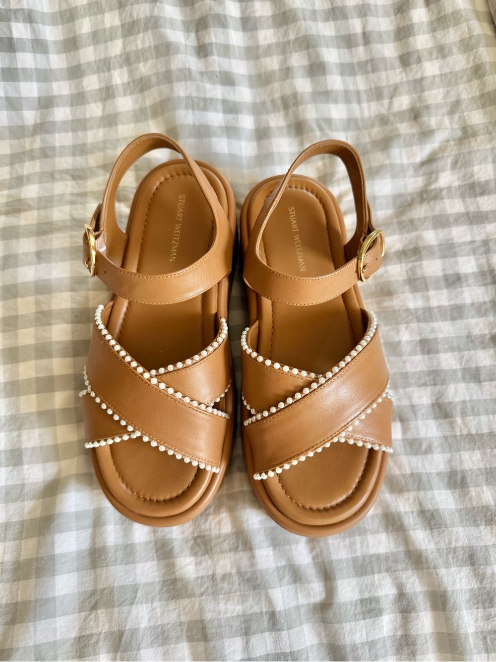 Stuart Weitzman Tan Pearl-Trim Leather Sandals
